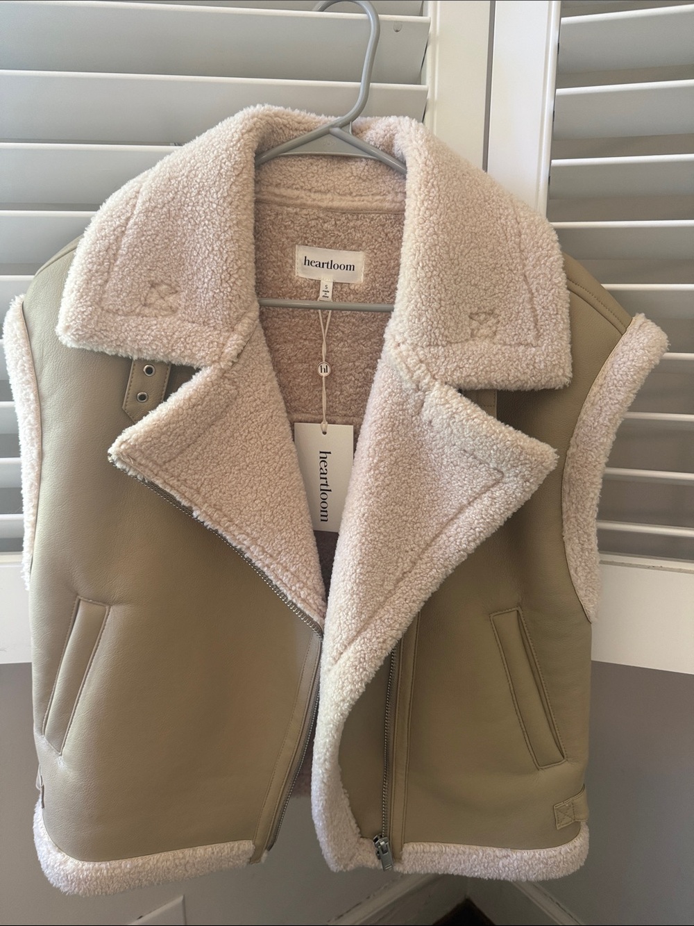 Heartloom Olive-Taupe Faux Leather Vest with Cream Shearling